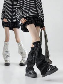 polve 1 Pair Japanese Style Cute Dark Black Star Pattern Y2K Punk Over-The-Knee Buckle Strap Leg Warmers - Black (can Be Worn Within Calf Circumference 38cm) - View 1