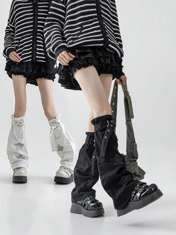 polve 1 Pair Japanese Style Cute Dark Black Star Pattern Y2K Hot Girl Over-The-Knee Buckle Strap Punk Style Mid-Calf Leg Warmers Leg Warmers