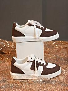 Women's Lace-Up Thick Sole Casual Sneakers, Fashion Patchwork PU Upper, Comfortable Non-Slip Suitable For Daily Running, Spring And Autumn, White And Brown - Brown and White - View 5
