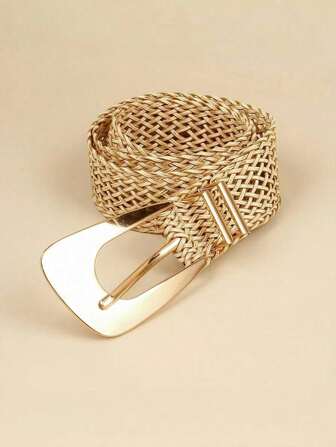1pc Women's Handmade Woven Metallic Gold Waist Belt With Asymmetrical Metal Buckle, Suitable For Daily Commute Or Party Occasions Halloween Summer, School Fall, Autumn, Halloween