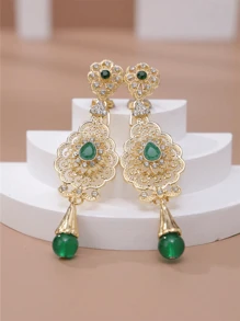 1 Pair Gold Tone Flower Shaped Earrings With Plastic Rhinestones, Elegant Vintage Boho Moroccan Style For Weddings, Parties, Holidays