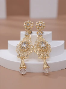 1 Pair Gold Tone Flower Shaped Earrings With Plastic Rhinestones, Elegant Vintage Boho Moroccan Style For Weddings, Parties, Holidays