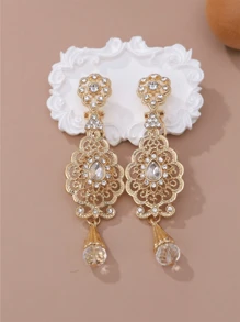 1 Pair Gold Tone Flower Shaped Earrings With Plastic Rhinestones, Elegant Vintage Boho Moroccan Style For Weddings, Parties, Holidays