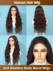 Peruca Ondulada Corporal Solta de 32 polegadas Sem Cola, Cabelo Humano, Densidade de 180%, Peruca Frontal de Renda Transparente 4x4 Sem Cola, Peruca Cor Marrom 4#, com Cabelo de Bebê, para Mulheres