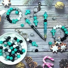 40pcs Silicone Beads DIY Keychain Set - Colorful Round, Cross, Sunflower And Hexagon Shapes, Suitable For Necklaces, Bracelets And Crafts Valentines