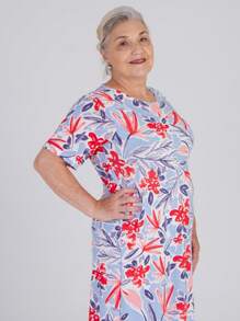 Kit 4 Ladies Cold Mesh Dress Loose Longuete Short Sleeve Curve Evangelical Fashion Midi Liganete Plus - 套裝 4 種各種印花 - 查看 3