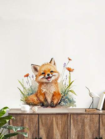 1 Pc Removable Fox Wall Sticker - Colorful Flower Cartoon Fox Mural Sticker For Bedroom Wall Decor Bathroom Art Background Decoration - Made Of PVC, Stickers, Wall Decal, Vinyl Decal For Home Decorations, Spring Decoration Items Refresh Your Home, Rama Decoration Stickers
