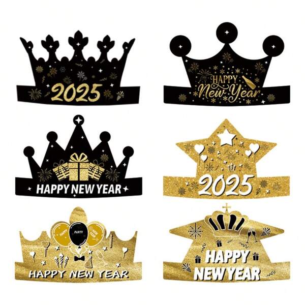 12pcs 2025 New Year Party Paper Glasses Paper Hat, Happy New Year Party Carnival Funny Decoration Photo Props Decoration Supplies Hat Glasses Set