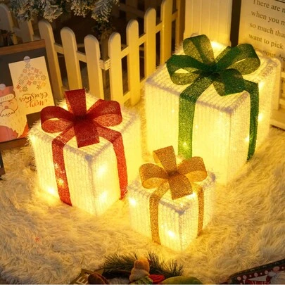 صندوق هدايا عيد الميلاد المكون من 3 قطع مع أضواء، مجموعة مكونة من 3 قطع ب- 8 أنماط إضاءة ب- LED، هدية ديكور المنزل عيد الميلاد، تعمل ببطارية، صندوق هدايا مضاء، ديكور حفلة عيد الميلاد (نجوم)