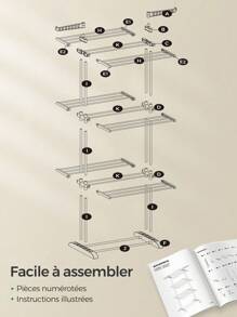 SONGMICS Étendoir à Linge, Séchoir Mobile à 4 Niveaux, avec roulettes, Pliable, 63,5 x 128 x 173 cm, Grande Capacité, Montage Facile, Utilisation Intérieure et Extérieure, Blanc - Argent - Voir 8