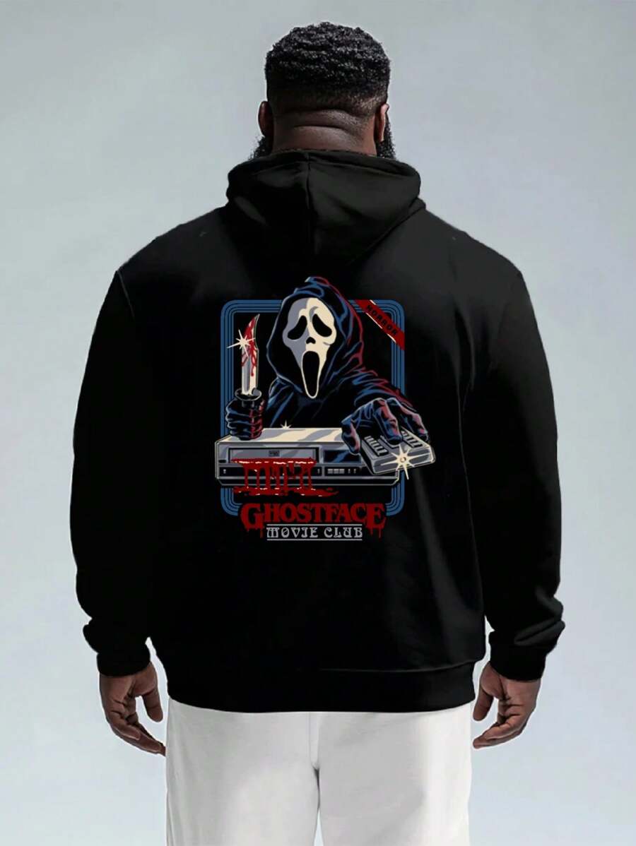 Plus Size Men's Thermal Lined Horror Movie Graphic Print Drawstring Hoodie Sweatshirt, For Halloween - Black - View 1