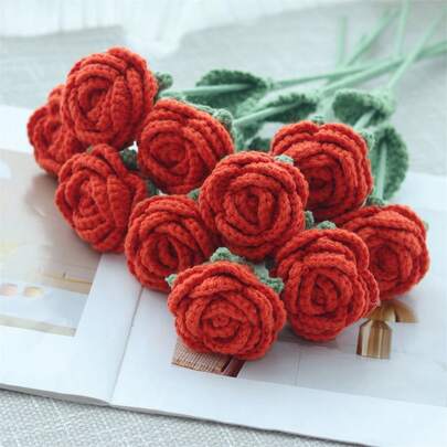 5pcs Vintage-Style Orange Crochet Rose Bouquets For Weddings, Home Decor & Special Occasions - Perfect For Valentine's Day, New Year, Housewarming