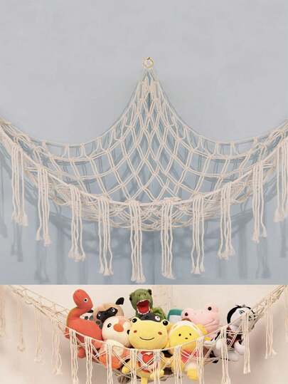 1 pieza Hamaca o red de peluche grande y bohemia de color blanco, hamaca de juguete, red de almacenamiento de esquina de animales de este y oeste, hamaca de malla con almacenamiento colgante de juguetes de peluche con ganchos con borlas para uso en el dormitorio