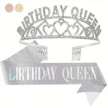 2pcs/Set Birthday Crown, Birthday Queen Belt And Rhinestone Headgear Set, Women's Headgear And Crown, Golden Queen Crown, Elegant Princess Crown With Comb, Sweet Birthday Party Decoration
