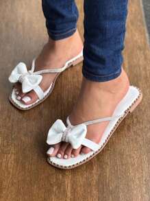 Women's Flat Sandals With Bow Strap And Rhinestones Elegance And Comfort - trắng - Xem 2
