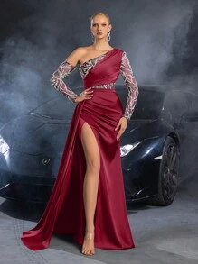 Faeriesty Abito elegante da cerimonia con scollo asimmetrico, maniche in tulle con paillettes, adatto per feste formali, abito da ospite di matrimonio, abito da sera - Bordò - Visualizzare 2
