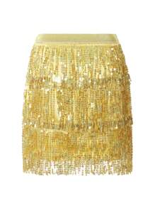 Women Sequined Fringe Skirt, Glitters Elastic Waist Miniskirt, Mini Skirt For Dance, Rave Party, Black/Silver/Gold/Red
