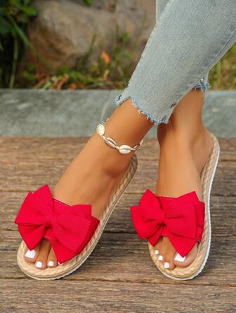Plus Size 35-45 Summer New Arrival Bowknot Faux Rope Sole Fashionable Versatile Women Flat Sandals, Daily Wear Lightweight & Comfortable Slip-On Slippers