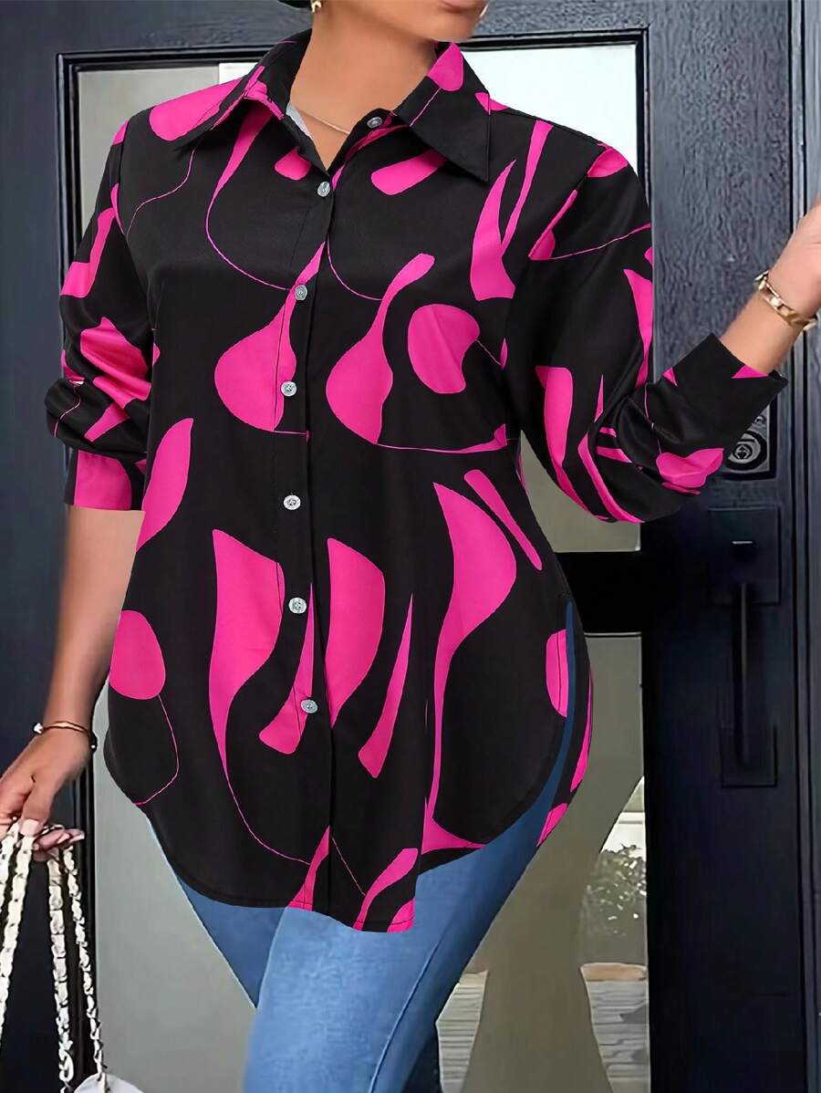 Plus Size Women's Digital Print Elegant Blouse, Suitable For Spring (Valentine's Day) - Hot Pink - View 1
