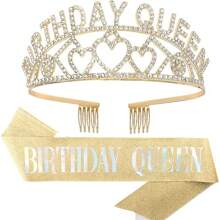 2pcs/Set Birthday Crown, Birthday Queen Belt And Rhinestone Headgear Set, Women's Headgear And Crown, Golden Queen Crown, Elegant Princess Crown With Comb, Sweet Birthday Party Decoration