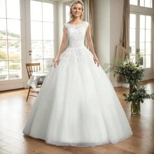 Elegant And Slim-Fitting A-Line Wedding Dress For Women, With Exquisite Lace Embroidered Round Neck And Strappy Back Design, Suitable For Weddings And Parties - Pearl White (thêu ren sang trọng) - Xem 2