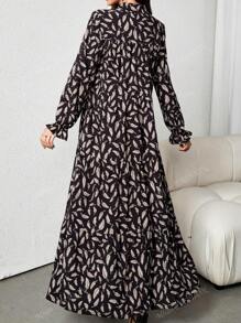 Nuevo vestido largo con estampado floral para primavera y verano, suelto con cinturón, estampado total, puños con volantes, manga larga, estilo caliente y modesto para mujeres