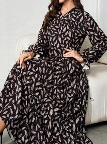 Nuevo vestido largo con estampado floral para primavera y verano, suelto con cinturón, estampado total, puños con volantes, manga larga, estilo caliente y modesto para mujeres
