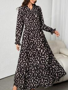 Nuevo vestido largo con estampado floral para primavera y verano, suelto con cinturón, estampado total, puños con volantes, manga larga, estilo caliente y modesto para mujeres