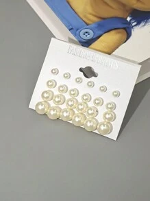 36pcs/Set European And American Style Personalized Faux Pearl Stud Earrings, Classic Simple Large & Small Size White/Beige Faux Pearl Earrings For Women - Style 1 - View 7