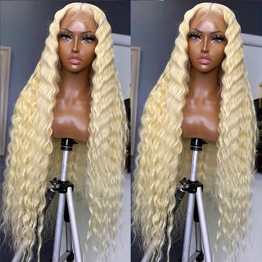 613 Curly Blonde Synthetic Lace Front Wig Long Curly Deep Wave Jerry Curly Light Blonde Frontal Wig Glueless Pre Plucked Colored Natural Hair Line Wigs For Women - 613 金髮女郎 - 查看 1