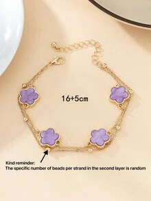 1pc Fashion New Stylish Lucky Clover Layered Bracelet For Women, Party Gift (Excluding Gift Box, Random Bead Quantity) - Purple - View 5