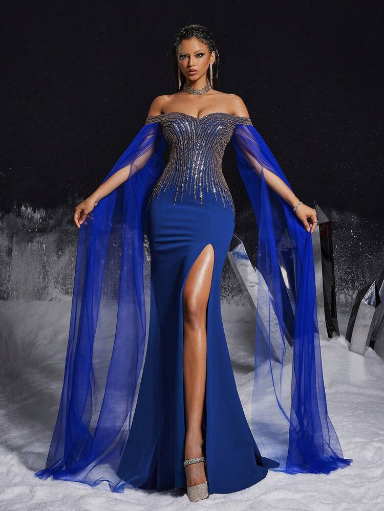 Luxurious Blue Off-Shoulder Beaded Long Gown With Mesh Sleeves And High  Slit, Formal Evening Gown, Elegant Party Dress, Prom Dresses For Women, Semi  Formal Dress, For Birthday, Wedding Guest, Graduation Homecoming |