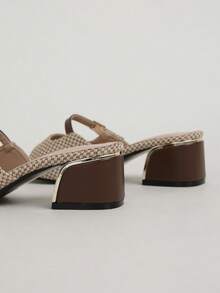 Giày cao gót đế thô cổ điển phối dây vải lanh cho nữ, thời trang cho mùa xuân và mùa hè - Màu nâu Sô-cô-la - Xem 4