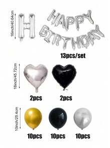 13件/47件套黑金生日派对装饰套装，包含银色“生日快乐”横幅、乳胶气球、铝箔心形气球，适用于蓝色、黑色、金色、银色主题生日派对，男女皆宜。 - 彩色 - 查看 4