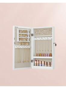 SONGMICS Armoire à Bijoux Murale, Organisateur de Bijoux, Rangement, Verrouillable, avec Miroir, Peu Encombrant, Surface en Blanc et Doublure en Grège - Gris - Voir 5