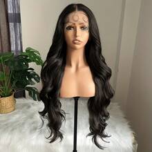 Dark Brown Body Wave Lace Front Wig For Women Pre-Plucked Hairline Heat Resistant Synthetic Fiber Transparent 13x4 Lace - màu đen - Xem 2