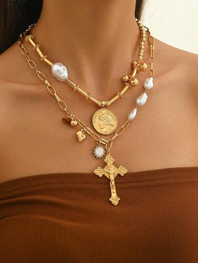 1 chiếc vòng cổ kim loại thanh lịch độc đáo thời trang, đính hạt, ngọc trai Baroque, mặt dây chuyền mạ vàng với thiết kế hình trái tim và đồng xu cổ điển, lý tưởng cho tiệc tùng, đám cưới, các dịp lễ như một món quà đặc biệt