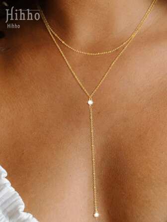 Hihho 1pc European Vintage Y-Shape Dual-Layer Cubic Zirconia Long Tassel Necklace, Sexy Women's Jewelry Accessories, Unique Choker Necklace