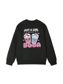 1 pieza Sudadera informal con cuello redondo y estampado para niñas, jersey de adolescentes jóvenes para otoño/invierno - Gráfico lindo de té de burbujas que seguramente hará sonreír a la niña preadolescente - Negro - Ver 3