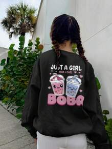 1 pieza Sudadera informal con cuello redondo y estampado para niñas, jersey de adolescentes jóvenes para otoño/invierno - Gráfico lindo de té de burbujas que seguramente hará sonreír a la niña preadolescente - Negro - Ver 1
