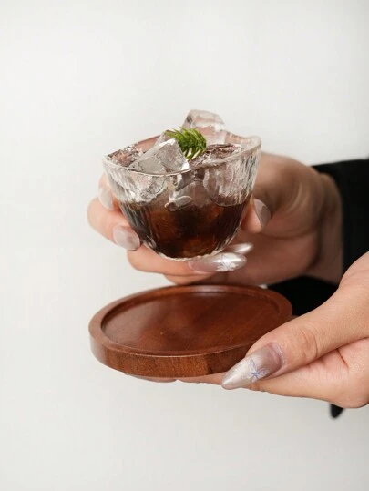 1 件带木架的玻璃杯，独特设计冰川纹理玻璃杯，创意木制杯垫，耐热冷泡咖啡/茶/果汁杯