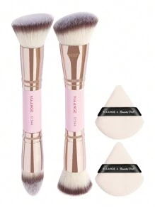 MAANGE 4Pcs Professional Makeup Brush Set With 2pcs Makeup Brush Set &2pcs Loose Powder Puff,Double Head Soft Foundation Brush,Blush Brush,Powder Brush,Concealer Brush,Contour Brush,Makeup Brush With Soft Fiber For Easy Carrying,Brush For Travel,Gift For Women&Girls - 粉色 - 查看 3