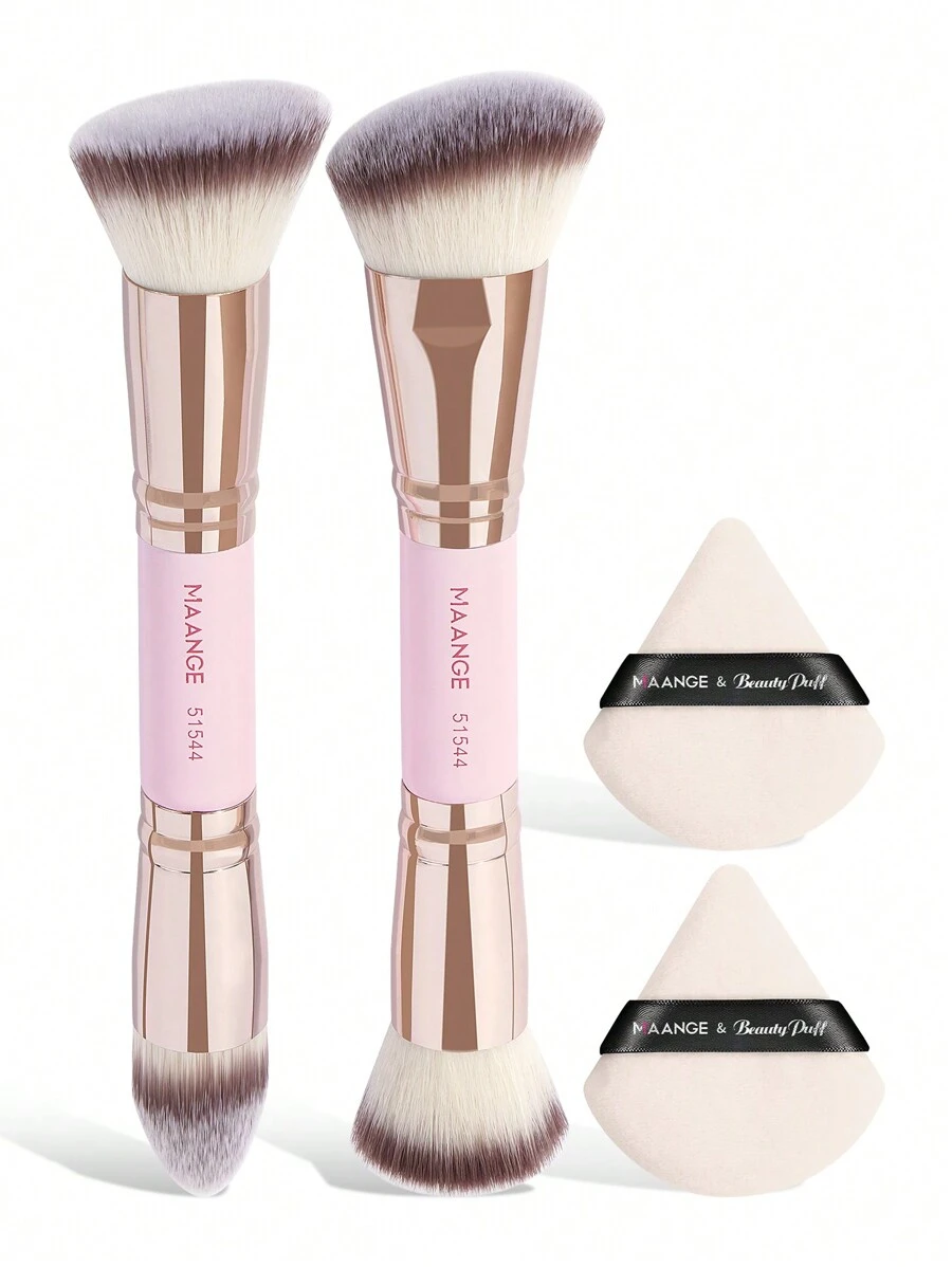 MAANGE 4Pcs Professional Makeup Brush Set With 2pcs Makeup Brush Set &2pcs Loose Powder Puff,Double Head Soft Foundation Brush,Blush Brush,Powder Brush,Concealer Brush,Contour Brush,Makeup Brush With Soft Fiber For Easy Carrying,Brush For Travel,Gift For Women&Girls - 粉色 - 查看 1
