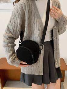 Corduroy Black Round Purse, Cell Phone Pouch, Student Pouch, Gift Bag - Black - View 2