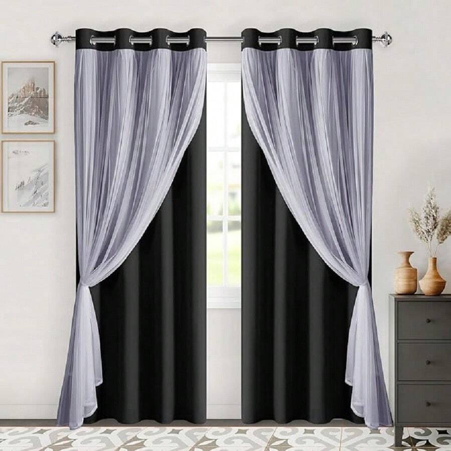 DWCN 2pcs Layered Curtains For Living Room Blackout And Sheer Curtains Grommet Top Window Curtains With Sheer Overlay For Bedroom - 黑色 - 查看 1