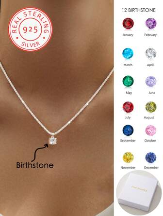 1 925 Silver Fashion Personalized Optional Gemstone 12-Month Birthstone Colored Artificial Zirconia Pendant Necklace Bling Bling Sparkling Chain, Perfect Gift For Christmas, Halloween, Valentine's Day, Wedding Anniversary - Suitable For Couples, Mothers, Fathers Fashion, Autumn Fashion, Retro, Contract, Simple, Casual, Neutral