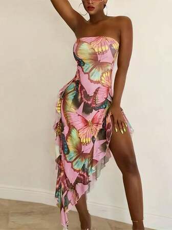 Sexy Butterfly Print Form-Fitting Backless High Slit Casual Dress