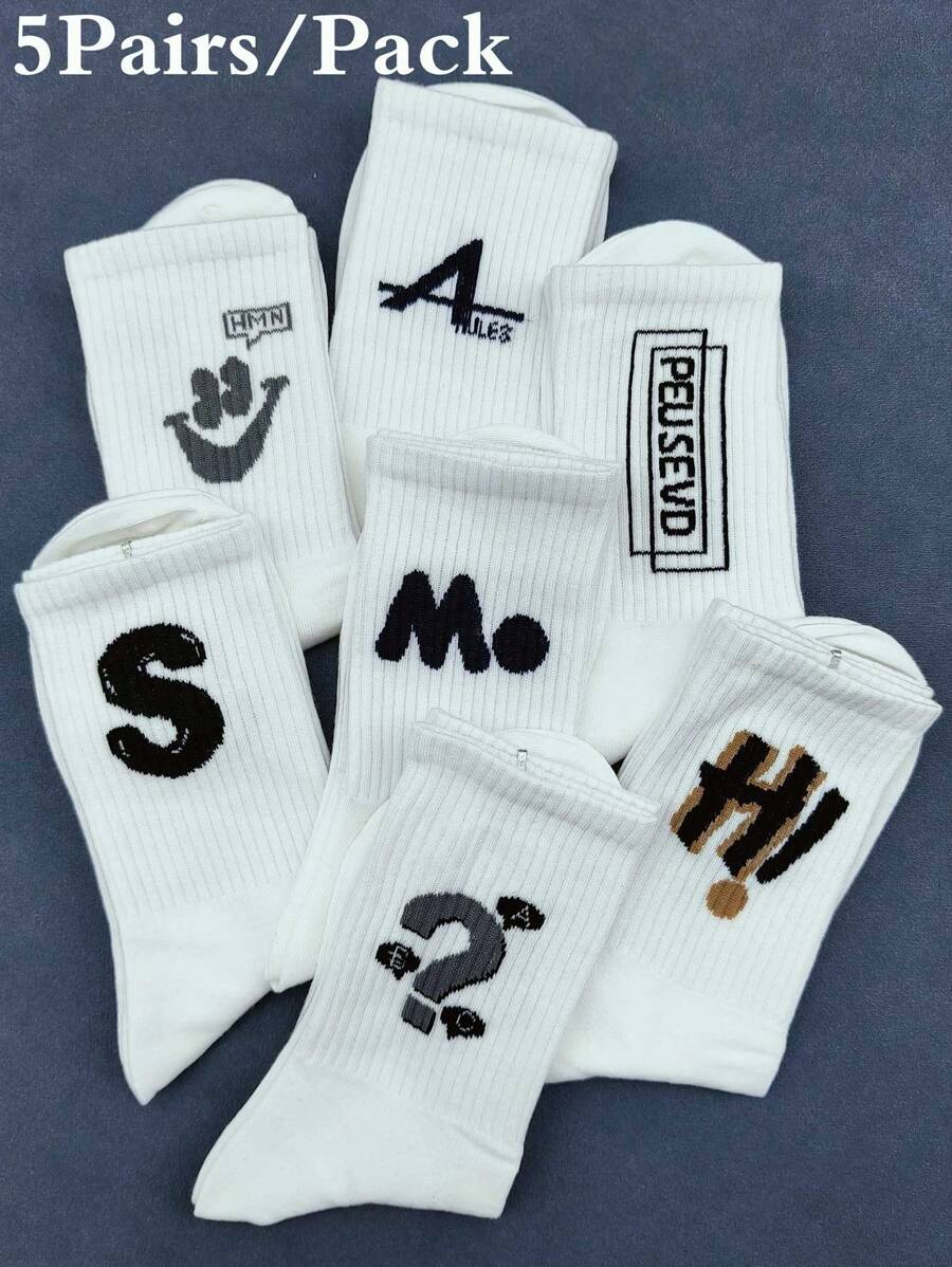 5 Pairs Random Black & White Letter Printed Fashionable Casual Sports Crew Socks For Men - White - View 1