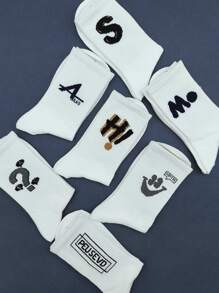 5 Pairs Random Black & White Letter Printed Fashionable Casual Sports Crew Socks For Men - White - View 3