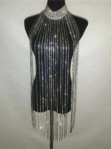 1pc Fashionable Long Tassel Bralette Chain Necklace, Sexy Rhinestone Body Jewelry, Suitable For Night Clubs